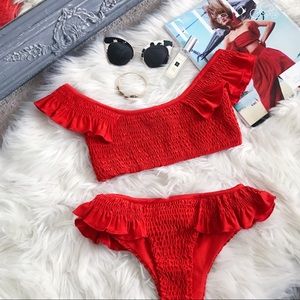 5/$25- Sexy Red Ruched Ruffle Off Shoulder Bikini